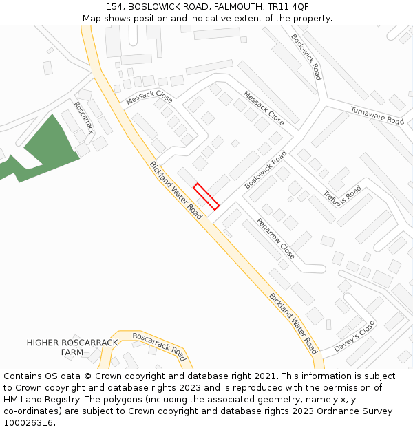 154, BOSLOWICK ROAD, FALMOUTH, TR11 4QF: Location map and indicative extent of plot
