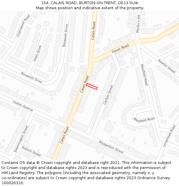154, CALAIS ROAD, BURTON-ON-TRENT, DE13 0UW: Location map and indicative extent of plot