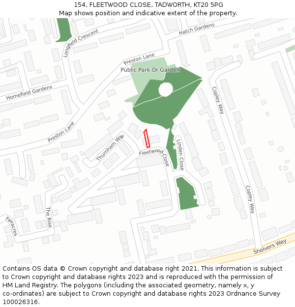 154, FLEETWOOD CLOSE, TADWORTH, KT20 5PG: Location map and indicative extent of plot