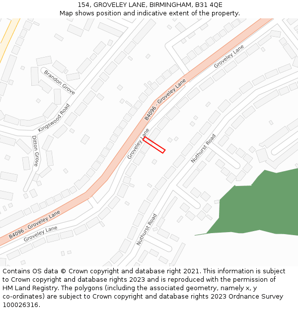 154, GROVELEY LANE, BIRMINGHAM, B31 4QE: Location map and indicative extent of plot