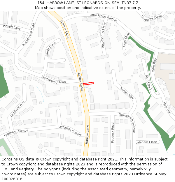 154, HARROW LANE, ST LEONARDS-ON-SEA, TN37 7JZ: Location map and indicative extent of plot