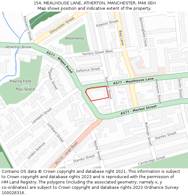 154, MEALHOUSE LANE, ATHERTON, MANCHESTER, M46 0EH: Location map and indicative extent of plot