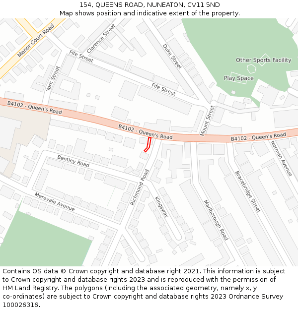 154, QUEENS ROAD, NUNEATON, CV11 5ND: Location map and indicative extent of plot