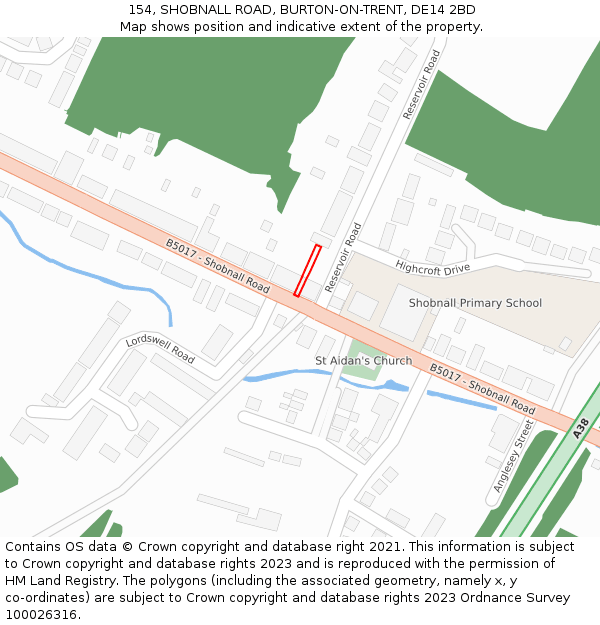154, SHOBNALL ROAD, BURTON-ON-TRENT, DE14 2BD: Location map and indicative extent of plot