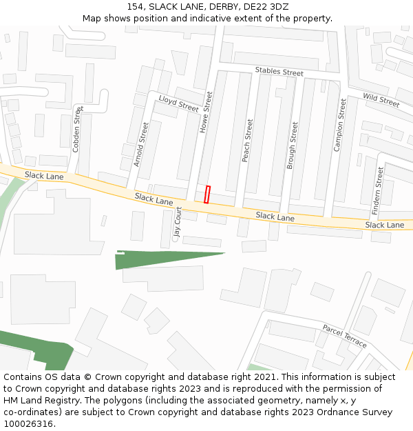 154, SLACK LANE, DERBY, DE22 3DZ: Location map and indicative extent of plot