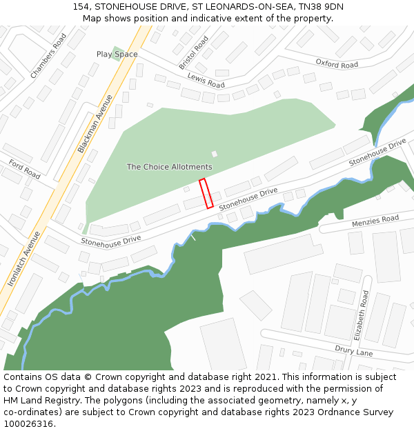154, STONEHOUSE DRIVE, ST LEONARDS-ON-SEA, TN38 9DN: Location map and indicative extent of plot
