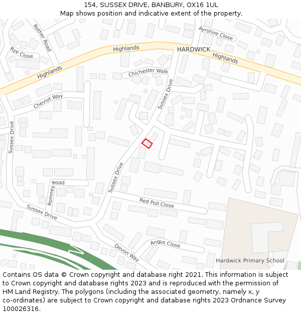 154, SUSSEX DRIVE, BANBURY, OX16 1UL: Location map and indicative extent of plot