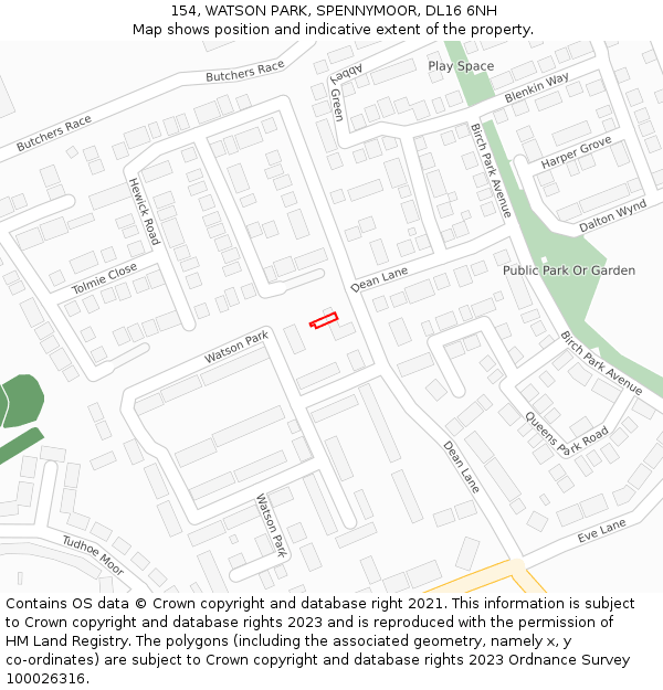 154, WATSON PARK, SPENNYMOOR, DL16 6NH: Location map and indicative extent of plot
