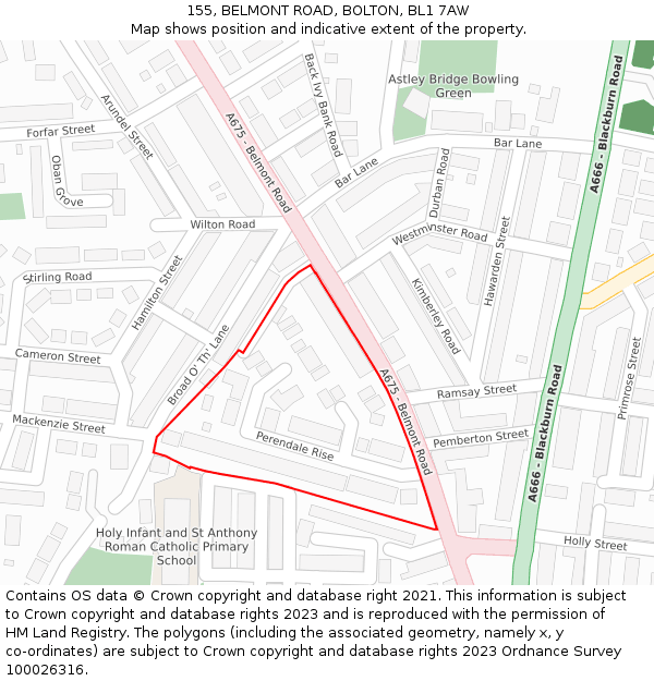 155, BELMONT ROAD, BOLTON, BL1 7AW: Location map and indicative extent of plot