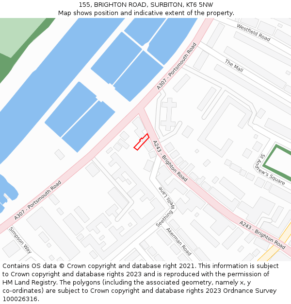 155, BRIGHTON ROAD, SURBITON, KT6 5NW: Location map and indicative extent of plot