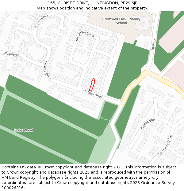 155, CHRISTIE DRIVE, HUNTINGDON, PE29 6JP: Location map and indicative extent of plot