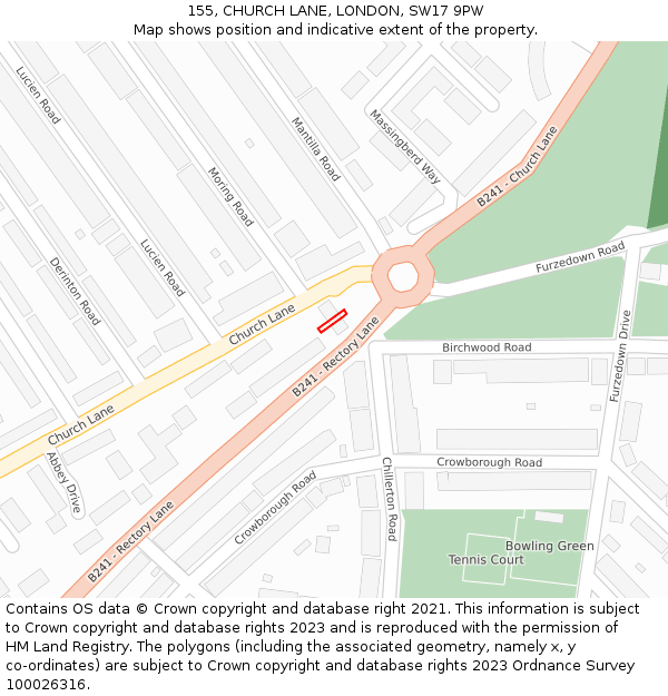 155, CHURCH LANE, LONDON, SW17 9PW: Location map and indicative extent of plot