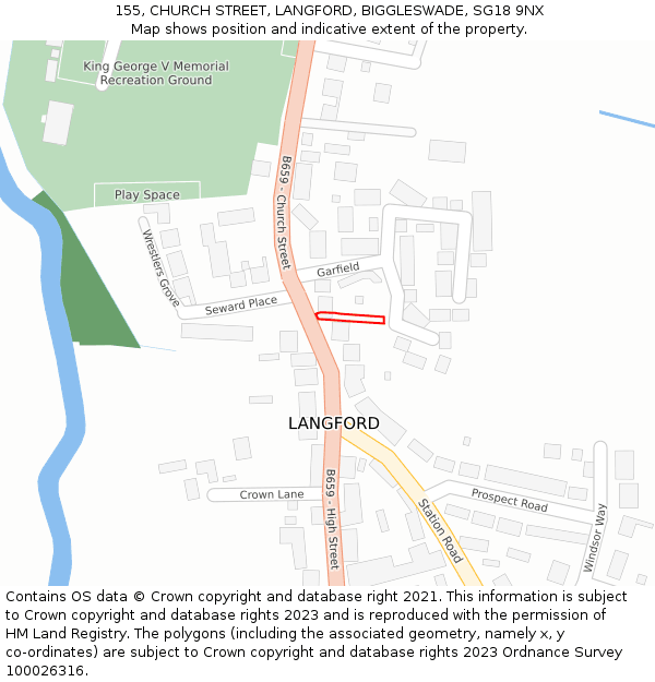 155, CHURCH STREET, LANGFORD, BIGGLESWADE, SG18 9NX: Location map and indicative extent of plot