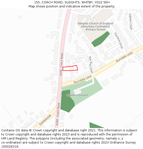 155, COACH ROAD, SLEIGHTS, WHITBY, YO22 5EH: Location map and indicative extent of plot