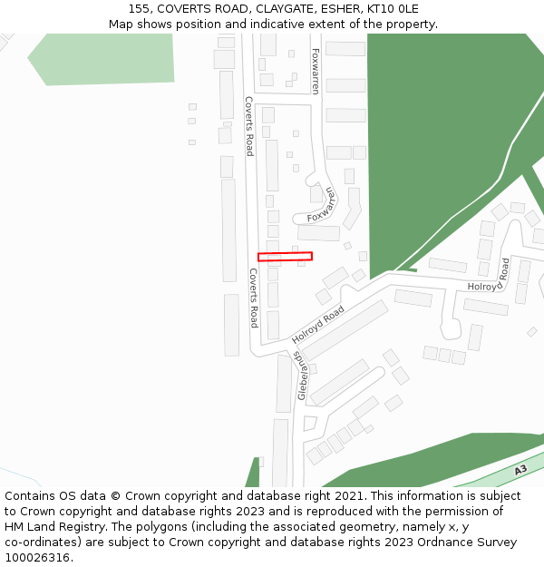 155, COVERTS ROAD, CLAYGATE, ESHER, KT10 0LE: Location map and indicative extent of plot