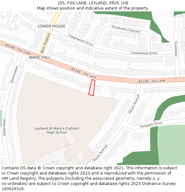 155, FOX LANE, LEYLAND, PR25 1HE: Location map and indicative extent of plot