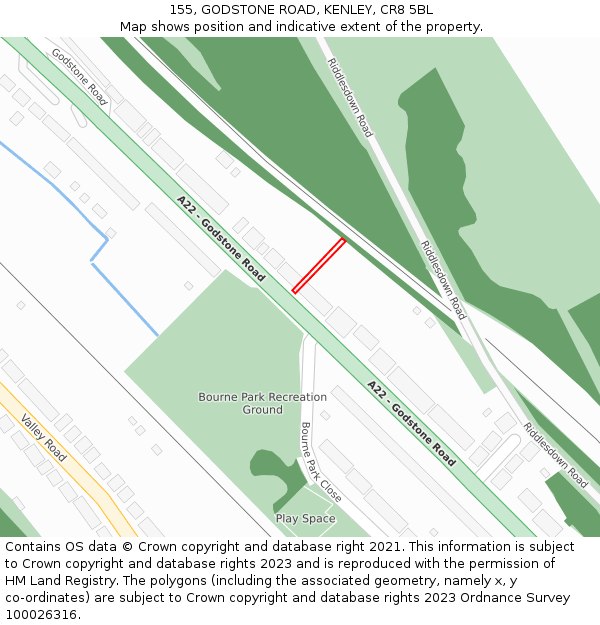 155, GODSTONE ROAD, KENLEY, CR8 5BL: Location map and indicative extent of plot