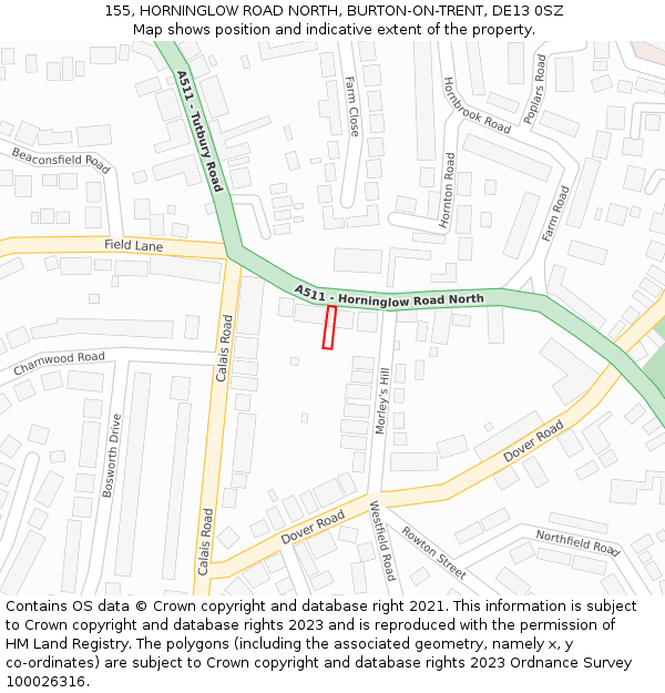 155, HORNINGLOW ROAD NORTH, BURTON-ON-TRENT, DE13 0SZ: Location map and indicative extent of plot