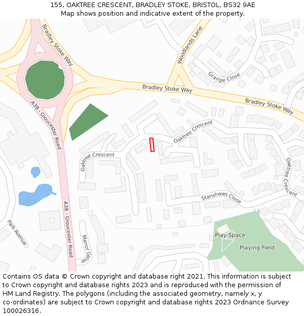 155, OAKTREE CRESCENT, BRADLEY STOKE, BRISTOL, BS32 9AE: Location map and indicative extent of plot