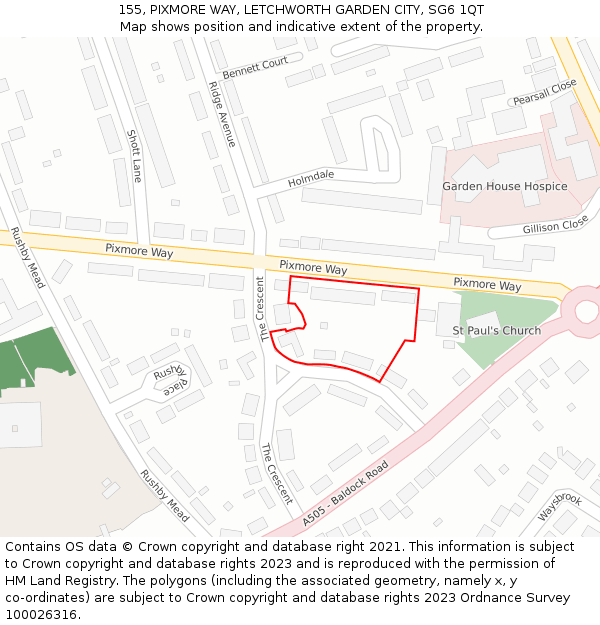 155, PIXMORE WAY, LETCHWORTH GARDEN CITY, SG6 1QT: Location map and indicative extent of plot