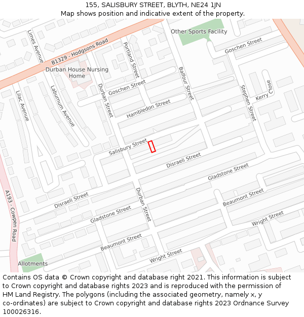 155, SALISBURY STREET, BLYTH, NE24 1JN: Location map and indicative extent of plot