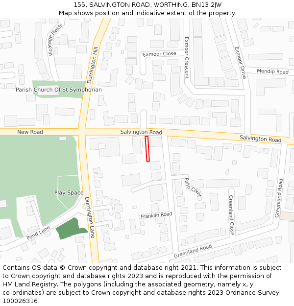155, SALVINGTON ROAD, WORTHING, BN13 2JW: Location map and indicative extent of plot
