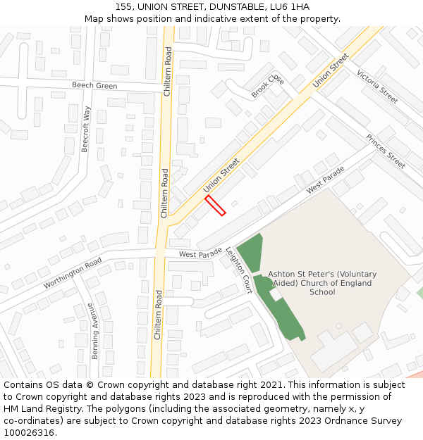 155, UNION STREET, DUNSTABLE, LU6 1HA: Location map and indicative extent of plot