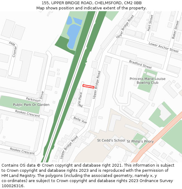 155, UPPER BRIDGE ROAD, CHELMSFORD, CM2 0BB: Location map and indicative extent of plot