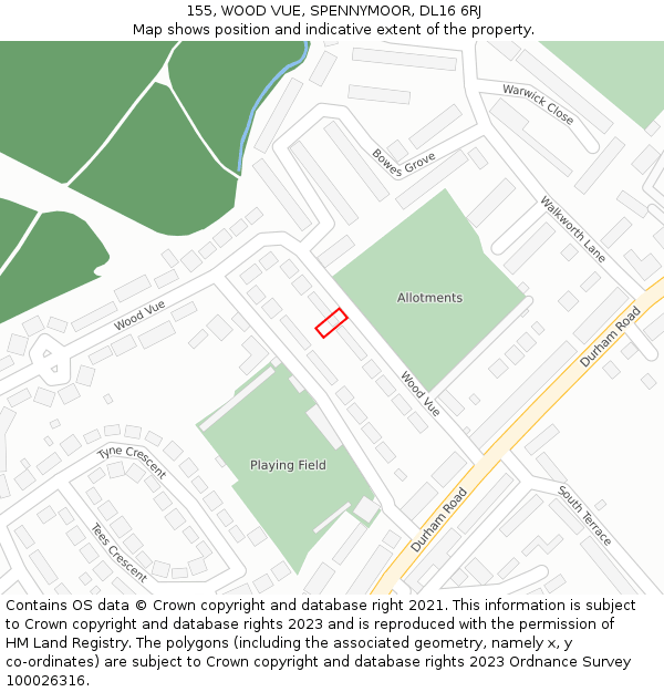 155, WOOD VUE, SPENNYMOOR, DL16 6RJ: Location map and indicative extent of plot