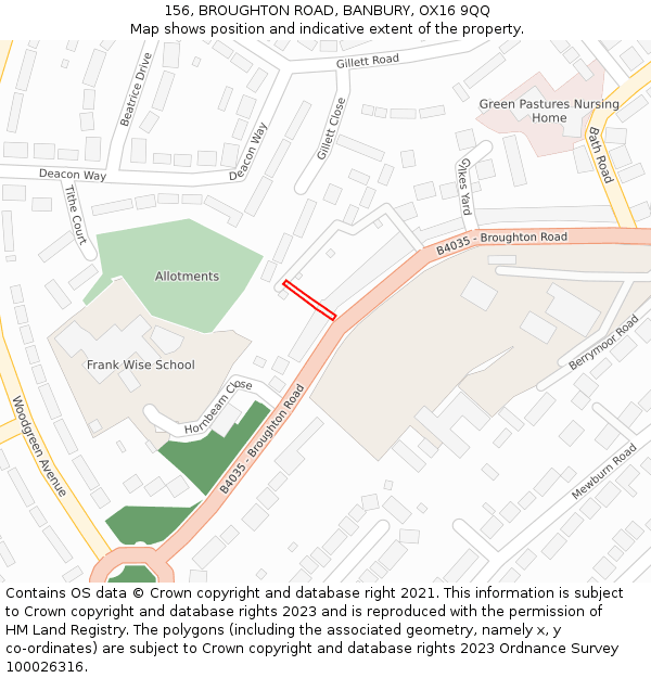 156, BROUGHTON ROAD, BANBURY, OX16 9QQ: Location map and indicative extent of plot