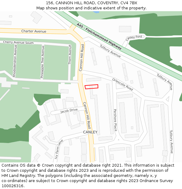 156, CANNON HILL ROAD, COVENTRY, CV4 7BX: Location map and indicative extent of plot