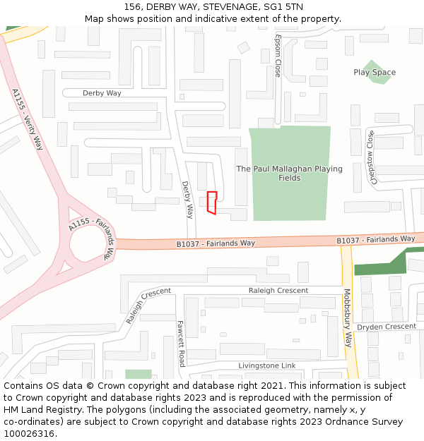 156, DERBY WAY, STEVENAGE, SG1 5TN: Location map and indicative extent of plot