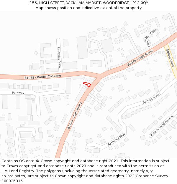 156, HIGH STREET, WICKHAM MARKET, WOODBRIDGE, IP13 0QY: Location map and indicative extent of plot