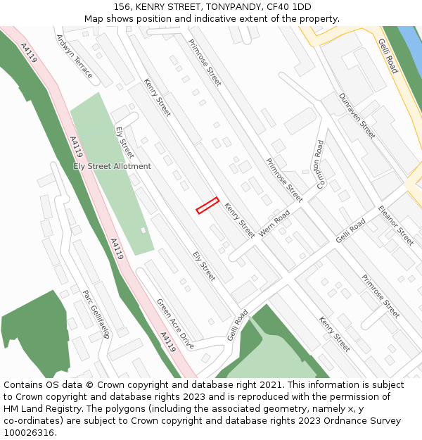 156, KENRY STREET, TONYPANDY, CF40 1DD: Location map and indicative extent of plot