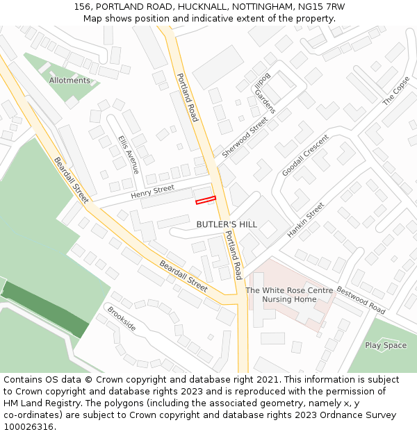 156, PORTLAND ROAD, HUCKNALL, NOTTINGHAM, NG15 7RW: Location map and indicative extent of plot