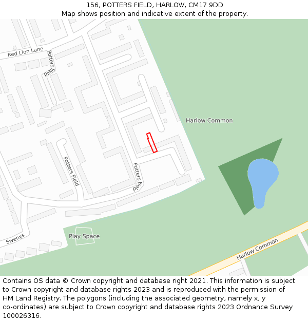 156, POTTERS FIELD, HARLOW, CM17 9DD: Location map and indicative extent of plot