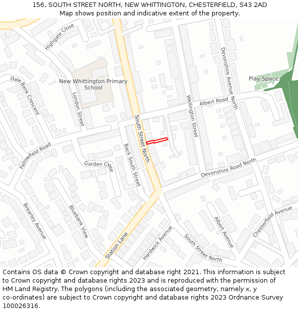 156, SOUTH STREET NORTH, NEW WHITTINGTON, CHESTERFIELD, S43 2AD: Location map and indicative extent of plot