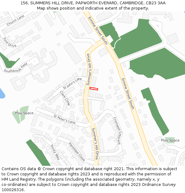 156, SUMMERS HILL DRIVE, PAPWORTH EVERARD, CAMBRIDGE, CB23 3AA: Location map and indicative extent of plot
