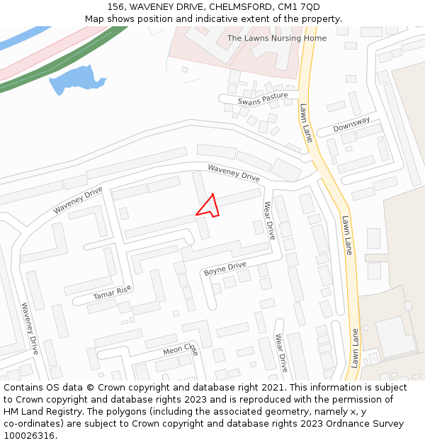 156, WAVENEY DRIVE, CHELMSFORD, CM1 7QD: Location map and indicative extent of plot