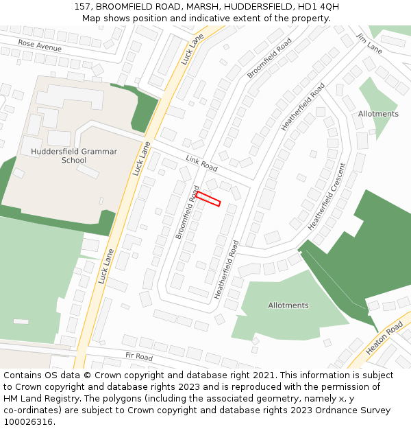 157, BROOMFIELD ROAD, MARSH, HUDDERSFIELD, HD1 4QH: Location map and indicative extent of plot