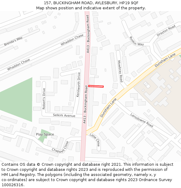157, BUCKINGHAM ROAD, AYLESBURY, HP19 9QF: Location map and indicative extent of plot