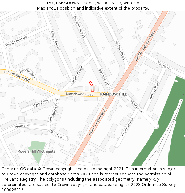 157, LANSDOWNE ROAD, WORCESTER, WR3 8JA: Location map and indicative extent of plot