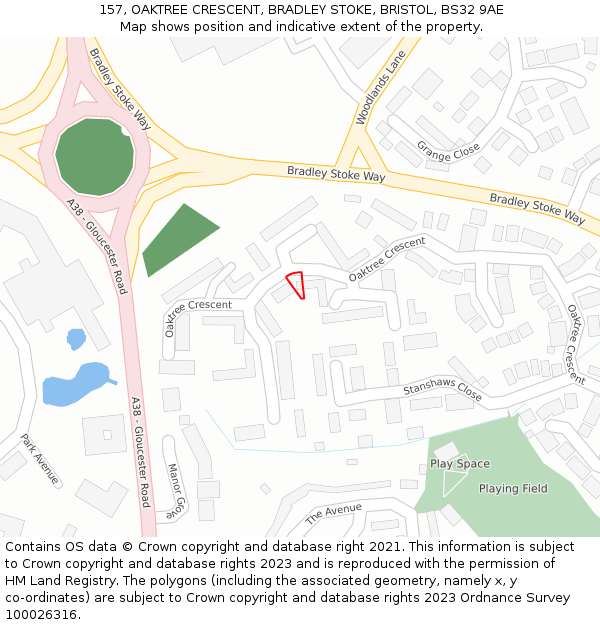157, OAKTREE CRESCENT, BRADLEY STOKE, BRISTOL, BS32 9AE: Location map and indicative extent of plot