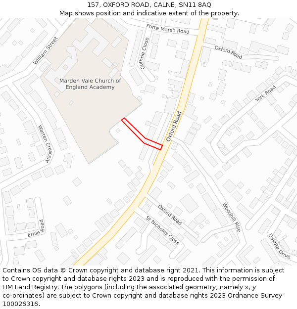 157, OXFORD ROAD, CALNE, SN11 8AQ: Location map and indicative extent of plot