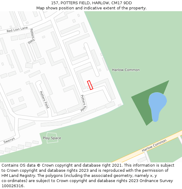 157, POTTERS FIELD, HARLOW, CM17 9DD: Location map and indicative extent of plot