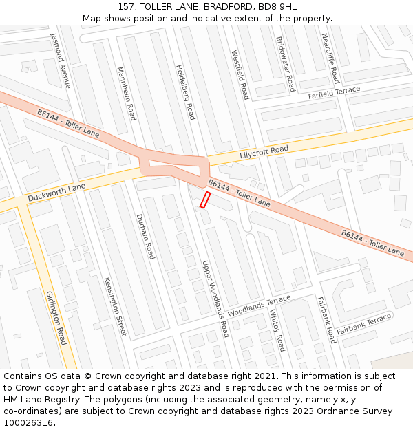 157, TOLLER LANE, BRADFORD, BD8 9HL: Location map and indicative extent of plot