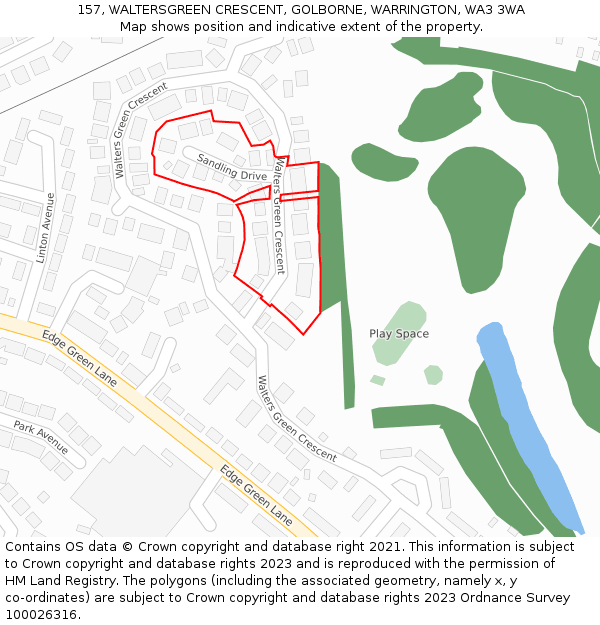 157, WALTERSGREEN CRESCENT, GOLBORNE, WARRINGTON, WA3 3WA: Location map and indicative extent of plot