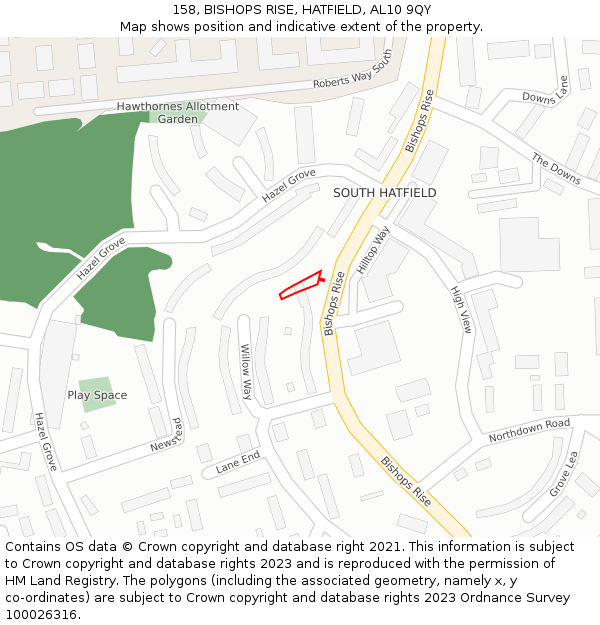 158, BISHOPS RISE, HATFIELD, AL10 9QY: Location map and indicative extent of plot