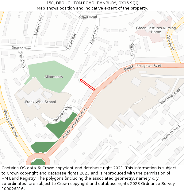 158, BROUGHTON ROAD, BANBURY, OX16 9QQ: Location map and indicative extent of plot