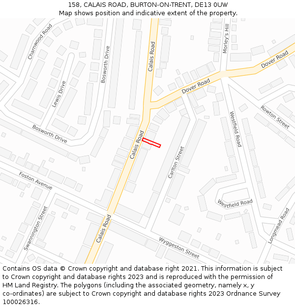 158, CALAIS ROAD, BURTON-ON-TRENT, DE13 0UW: Location map and indicative extent of plot
